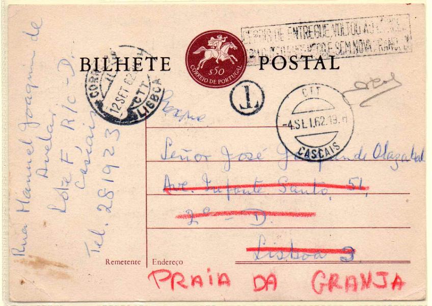 0350.jpg -     Lote:    350            Portugal       Descrição:         Porteados. Marcas administrativas postais. Inteiro postal tipo Postilhão de $50, circulado de Cascais (04.09.62), porteado e devolvido ao remetente. Carimbo batido a preto "DEPOIS DE ENTREGUE VOLTOU AO CORREIO / COM OUTRO ENDEREÇO E SEM NOVA FRANQUIA".        IC       Valor Base:     &euro; 12,00     Valor Venda:     Retirado     