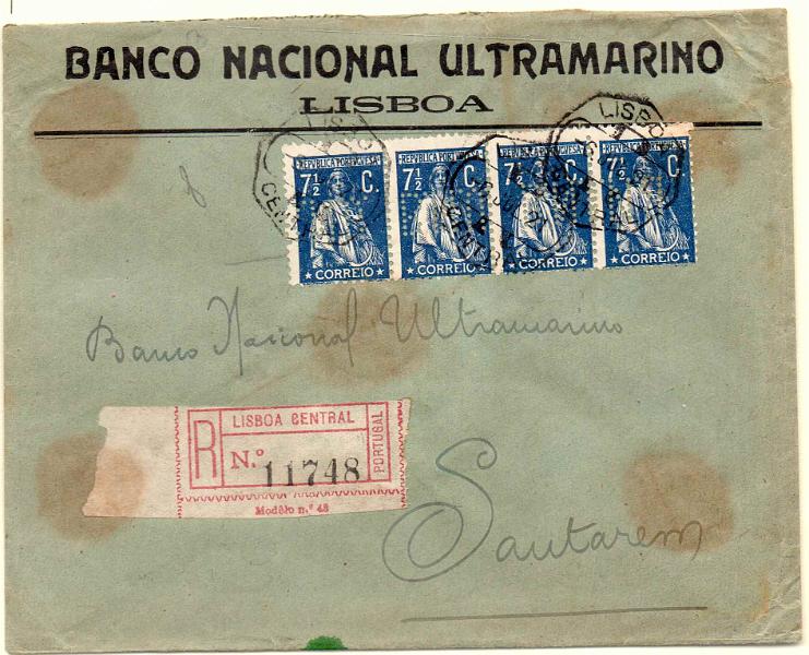 0401.jpg -     Lote:    401                   Descrição:         1917/20 &mdash; Ceres. Sobrescrito circulado registado de Lisboa (06.07.21) para Santarém, com tira de 4 selos de 7 &frac12; c azul denteado 12x11 &frac12;, CE229. Todos repicados por BNU,         Carta       Valor Base:     &euro; 15,00     Valor Venda:     Retirado     