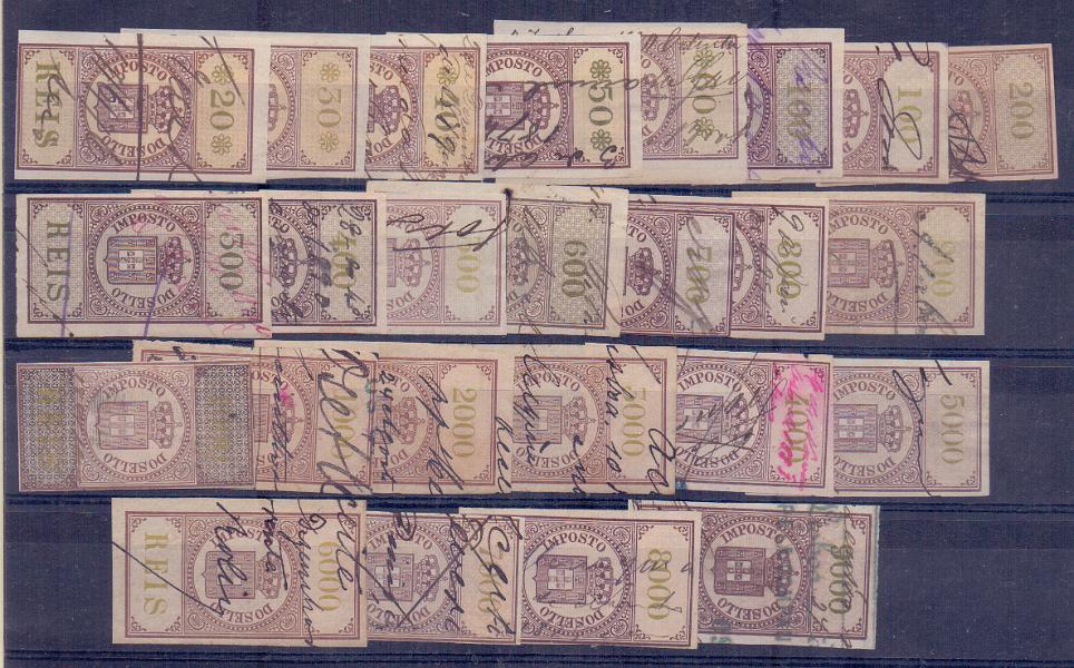 0407.jpg -     Lote:    407            Fiscais        Descrição:         Fiscais. Portugal. 1873 &mdash; Brasão Coroado. 20 Reis a 9$000 reis, PB 35/57, usados excepto 30 reis,200, 700, 1$000(1) e 7$000 reis margens curtas. 100 e 1$000 reis duplicados (tonalidades)Catálogo aproximado &euro; 250.00.          Lote       Valor Base:     &euro; 40,00     Valor Venda:     &euro; 60,00     