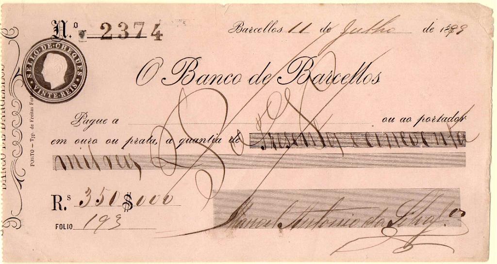 0411.jpg -     Lote:    411            Fiscais        Descrição:         Fiscais. Portugal. Cheque do Banco de Barcellos de Rs 350$000 de 11.307.1899, com CTO de 20 reis.        CHQ       Valor Base:     &euro; 10,00     Valor Venda:     Retirado     