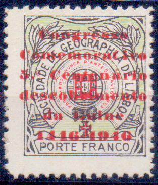 0433.jpg -     Lote:    433            Vinhetas       Descrição:         Vinhetas. 1946 &mdash; Congresso Comemorativo do 5.º Centenário do descobrimento da Guiné 1446-1946. Selo da Sociedade de Geografia de Lisboa CE 20, com a sobrecarga a vermelho.        PRV       Valor Base:     &euro; 8,00     Valor Venda:     &euro; 14,00     