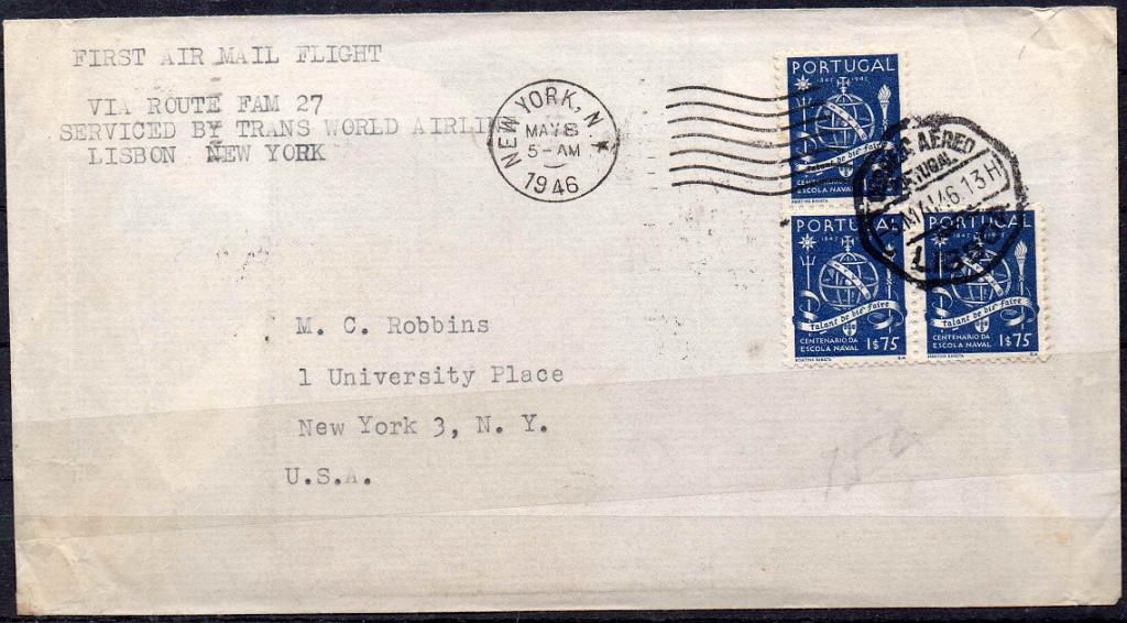 0438.jpg -     Lote:    438            Correio Aéreo       Descrição:         1946 &mdash; 1.º Voo pelo FAM27. Sobrescrito circulado de Lisboa (05.05.46) para Nova York (08.05.46) com 3 selos de 1$75 CE663. MB.        Aéreo       Valor Base:     &euro; 10,00     Valor Venda:     &euro; 10,00     