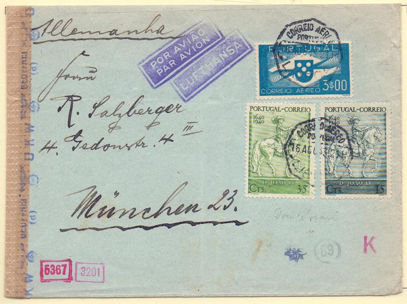 0440.jpg -     Lote:    440            Correio Aéreo       Descrição:         1936/41 &mdash; Centenários da Fundação de Portugal + Correio Aéreo * Tipo Hélice. Sobrescrito circulado de Lisboa (16.08.43) para Munique com selos CE592, 594 e CA4.        Carta       Valor Base:     &euro; 8,00     Valor Venda:     Retirado     