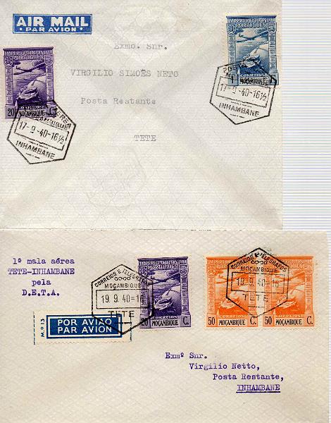 0444.jpg -     Lote:    444            Correio Aéreo       Descrição:         1940 (18.09) &mdash; 1.º Voo INHAMBANE-TETE e TETE-INHAMBANE (1.ª mala aérea directa da DETA).. Lote composto por dois sobrescritos: um circulado no primeiro voo de ida de Inhambane (18.09.40) para Tete (apenas 10 cartas transportadas) e outro de Tete (19.09.40) para Inhambane (apenas 9 cartas transportadas). MB e MR.        Aéreo       Valor Base:     &euro; 240,00     Valor Venda:     &euro; 260,00     