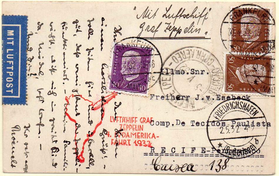 0448.jpg -     Lote:    448            Correio Aéreo       Descrição:         Alemanha / Brasil &mdash; Postal ilustrado circulado de Friedrichshafen (30.04.32) para Recife (05.05.32) pelo Graf Zeppelin. Carimbo comemorativo batido a vermelho "LVFTSCHIDD GRAF / ZEPPELIN / 4. SVDAMERIKA - / FAHRT 1932.        Aéreo       Valor Base:     &euro; 20,00     Valor Venda:     &euro; 20,00     
