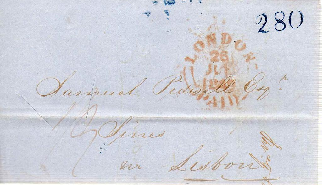 0452.jpg -     Lote:    452            Correio Marítimo       Descrição:         Correio marítimo. Correio desinfectado. Carta circulada de Londres (26.07.1840) para Sines, via Lisboa (01.08.40) com o porte de 280 reis batido a azul.        Carta       Valor Base:     &euro; 10,00     Valor Venda:     Retirado     