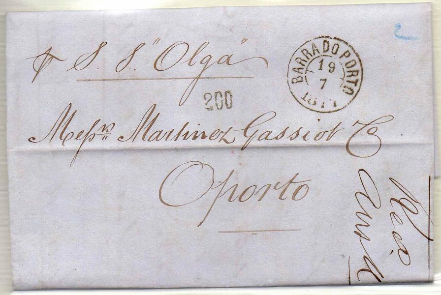 0457.jpg -     Lote:    457            Correio Marítimo       Descrição:         Correio marítimo. Marcas. Carta circulada de Londres (12.07.77) para o Porto (19.07.77) com porte português de 200 reis batido a preto. Carimbo batido a preto "BARRA DO PORTO". Manuscrito "p/ SS Olga".        Carta       Valor Base:     &euro; 16,00     Valor Venda:     &euro; 26,00     