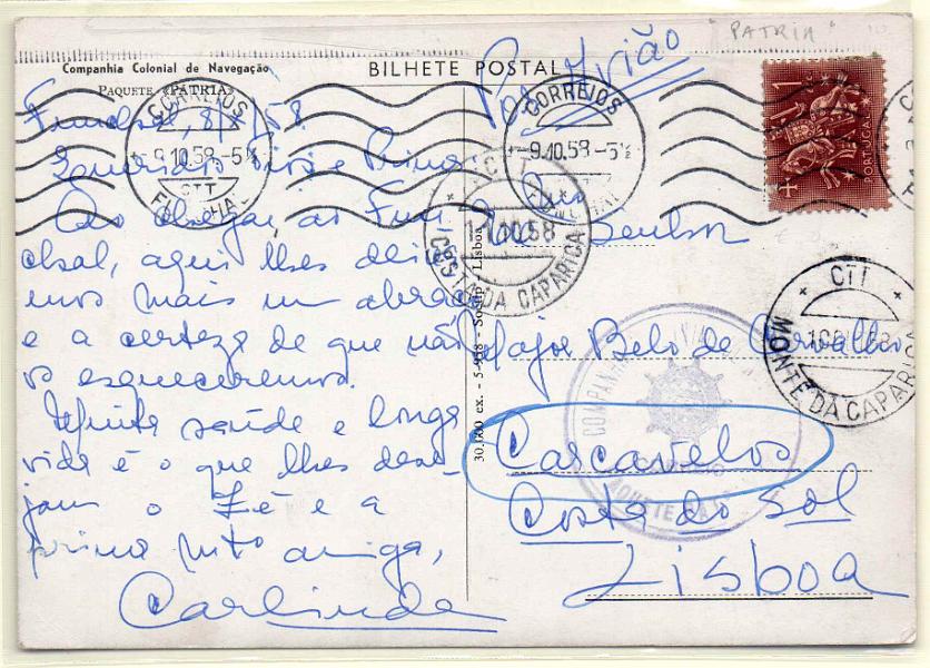 0462.jpg -     Lote:    462            Correio Marítimo       Descrição:         Correio marítimo. Marcas de paquetes portugueses. 1953 &mdash; Cavaleiro Medieval. Postal ilustrado circulado do Funchal (09.10.58) para Carcavelos com selo de 1$00 CE768. Carimbo batido a violeta "COMPANHIA NACIONAL DE NAVEGAÇÃO / PAQUETE PATRIA".        PI       Valor Base:     &euro; 30,00     Valor Venda:     Retirado     