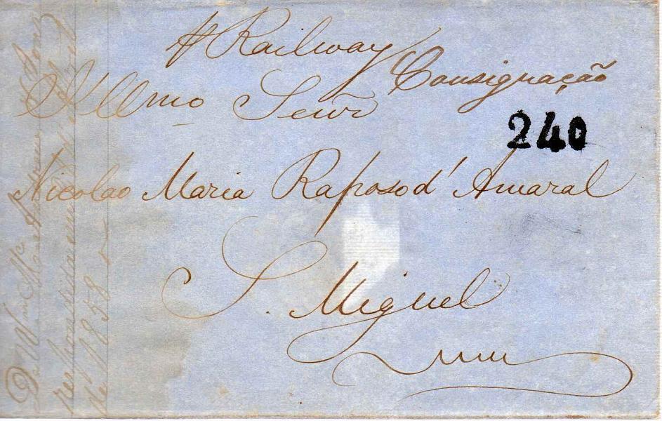 0465.jpg -     Lote:    465            Correio Marítimo       Descrição:         Correio marítimo * Açores. Carta circulada de Londres (16.03.58) para S. Miguel, com o porte português de 240 reis batido a preto.         Carta       Valor Base:     &euro; 25,00     Valor Venda:     Retirado     