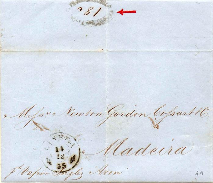 0466.jpg -     Lote:    466            Correio Marítimo       Descrição:         Correio marítimo. Carta circulada de Lisboa (14.12.55) para a Madeira pelo vapor inglês "Avon", com o porte de 180 reis manuscrito no centro de carimbo batido a sépia "PAGOU DE FRANQUIA PELO PAQUETE".        Carta       Valor Base:     &euro; 75,00     Valor Venda:     &euro; 130,00     