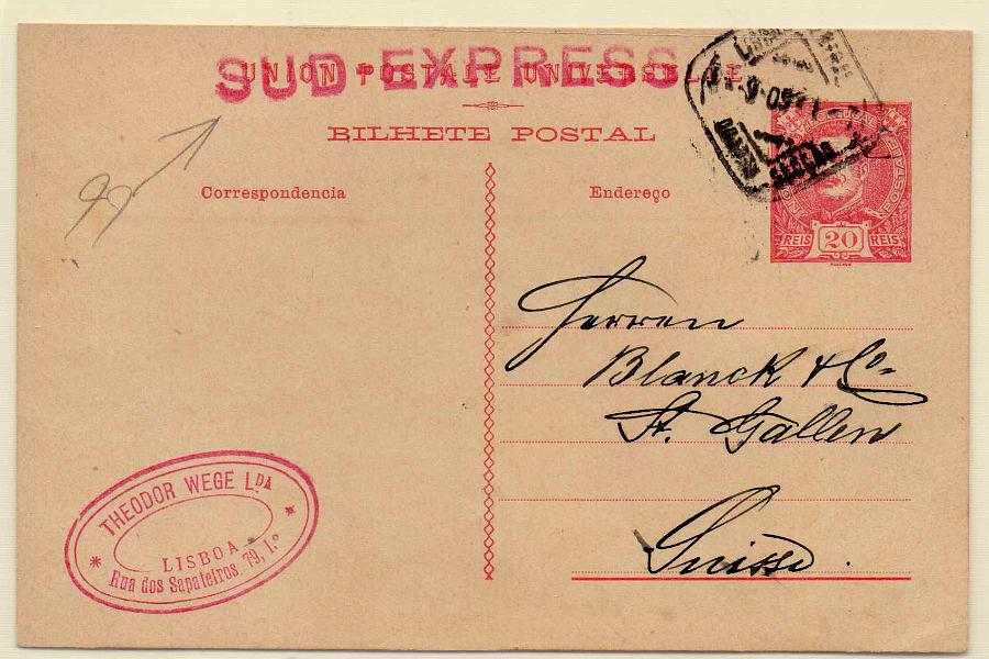 0473.jpg -     Lote:    473            Correio Ferroviário       Descrição:         Correio ferroviário. 1907/08 &mdash; D. Carlos I Mouchon. OM45, 20 reis. Circulado de Lisboa (11.09.09) para a Suíça. Carimbo batido a vermelho "SUD-EXPRESS" utilizado por Theodor Wegw Lda.        IC       Valor Base:     &euro; 10,00     Valor Venda:     &euro; 22,00     