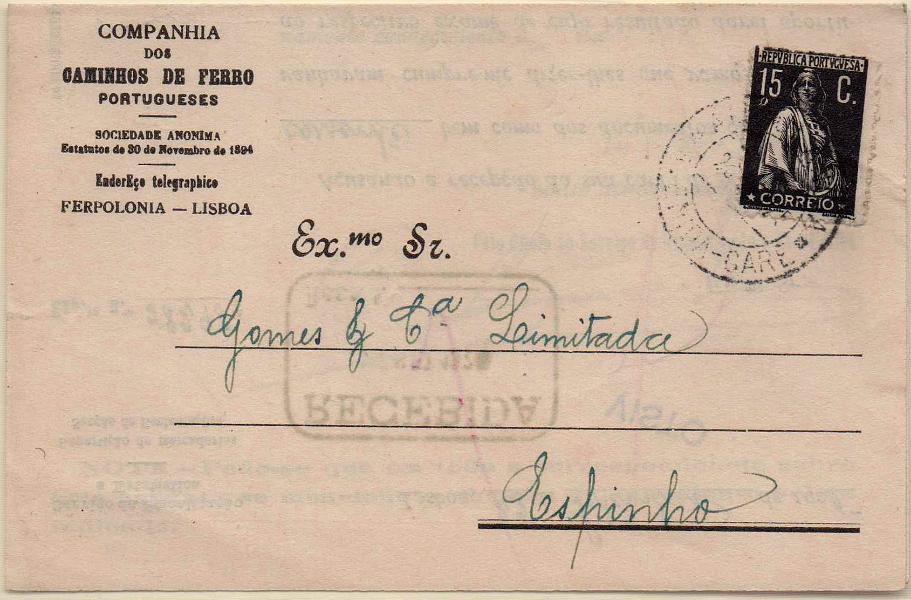 0474.jpg -     Lote:    474            Correio Ferroviário       Descrição:         1923 &mdash; Ceres. Impresso da Companhia dos Caminhos de Ferro Portugueses, circulado de Avenida-Gare (26.09.25) para Espinho, com selo de 15c preto, CE253.        IMP       Valor Base:     &euro; 12,00     Valor Venda:     &euro; 22,00     