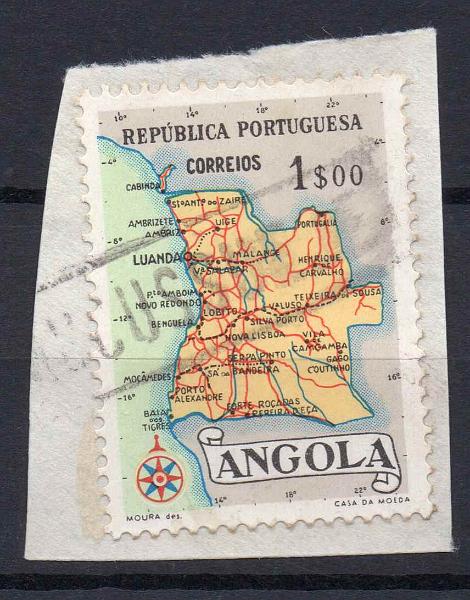 0479.jpg -     Lote:    479            Correio Ferroviário       Descrição:         Carimbos nominativos ferroviários. 1954 &mdash; Mapa de Angola. CE382, 1$00, obliterado com carimbo batido a preto de "MUCUSSUEJE",        FRG       Valor Base:     &euro; 20,00     Valor Venda:     Retirado     