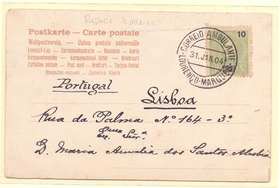 0483.jpg -     Lote:    483            Correio Ferroviário       Descrição:         Correio ferroviário. 1898 &mdash; D. Carlos I Mouchon. CE34, 10 reis em postal ilustrado circulado de Lourenço Marques (31.01.04) para Lisboa. Carimbo batido a preto "CORREIO AMBULANTE / LOURENÇO MARQUES".        PI       Valor Base:     &euro; 10,00     Valor Venda:     Retirado     
