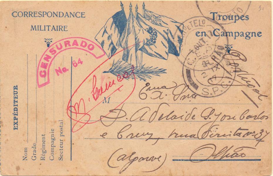 0485.jpg -     Lote:    485            1.ª Guerra Mundial       Descrição:         1914/19 &mdash; 1.ª Guerra Mundial. Isentos de franquia. Inteiro postal oferecido pelas autoridades francesas a militares portugueses, circulado do SPC 14 (02.09.17) para Olhão. MB        IC       Valor Base:     &euro; 25,00     Valor Venda:     &euro; 30,00     