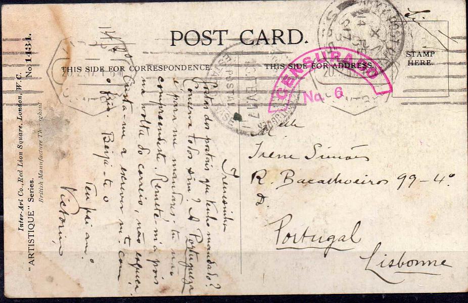 0486.jpg -     Lote:    486            1.ª Guerra Mundial       Descrição:         1914/19 &mdash; 1.ª Guerra Mundial. Postal ilustrado circulado isento de franquia de França (10.302.17) para Lisboa. Carimbo a preto "1.º CORPO EXPEDICIONÁRIO PORTUGUÊS / SERVIÇO / POSTAL / ESTAÇÃO BASE".        PI       Valor Base:     &euro; 25,00     Valor Venda:     Retirado     