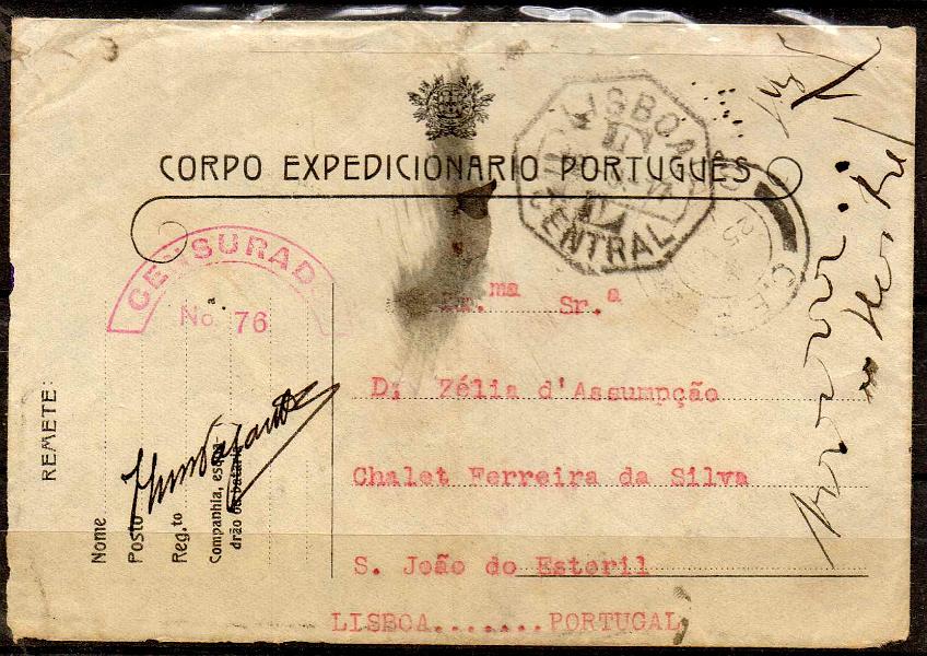0487.jpg -     Lote:    487            1.ª Guerra Mundial       Descrição:         1914/19 &mdash; 1. Guerra Mundial. 1917 &mdash; Corpo Expedicionário Português. Sobrescritos distribuídos pela Associação da Fraternidade Militar. OM CEP3. Circulado  do SPC7 (25.09.17) para Lisboa e censurado.        IC       Valor Base:     &euro; 20,00     Valor Venda:     Retirado     