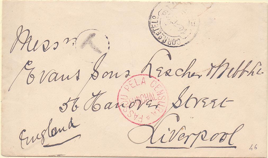 0491.jpg -     Lote:    491            1.ª Guerra Mundial       Descrição:         1914/19 &mdash; 1.ª Guerra Mundial. Censuras. Sobrescrito circulado do Funchal (10.02.19) para Liverpool sem franquia e porteado. Carimbo de censura batido a vermelho "PASSOU PELA CENSURA / FUNCHAL".        Carta       Valor Base:     &euro; 25,00     Valor Venda:     Retirado     