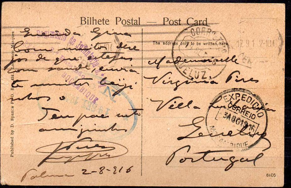 0497.jpg -     Lote:    497            1.ª Guerra Mundial       Descrição:         1914/19 &mdash; 1.ª Guerra Mundial. Expedição Militar a Moçambique. Postal ilustrado circulado de Palma (03.08.16) para Queluz (11.09.16) isento de franquia. Carimbo batido a violeta "REGIMENTO DE INFANTARIA N.º 24 / 3.º BATALHÃO / EXPEDIÇÃO A MOÇAMBIQUE".        PI       Valor Base:     &euro; 40,00     Valor Venda:     Retirado     