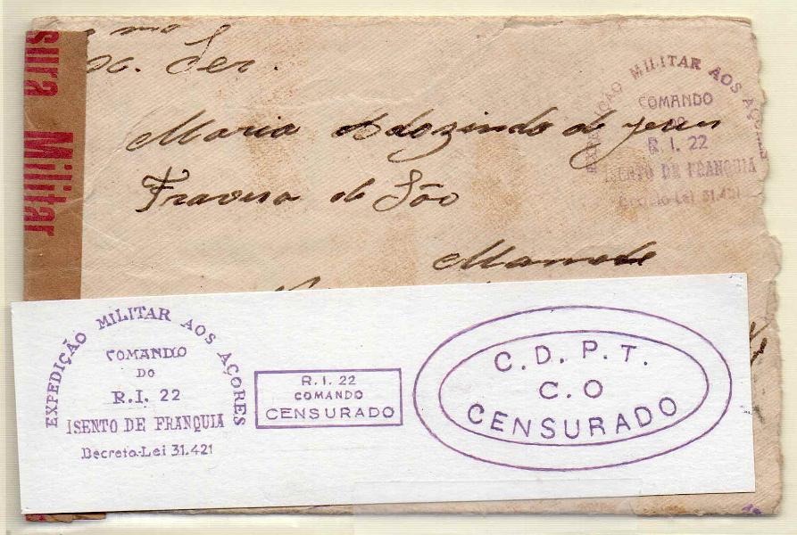 0506.jpg -     Lote:    506            2.ª Guerra Mundial       Descrição:         1939/45 &mdash; 2.ª Guerra Mundial. Isenção de franquia e censuras. Sobrescrito circulado de S. Miguel para Lisboa (14.07.44) para Lisboa. Carimbos batidos a violeta "R. I. 22 / COMANDO / CENSURADO" + "EXPEDIÇÃO MILITAR AOS AÇORES / COMANDO / R.I. 22 / ISENTO DE FRANQUIA / DECRETO-LEI 31.421".        Carta       Valor Base:     &euro; 10,00     Valor Venda:     &euro; 10,00     