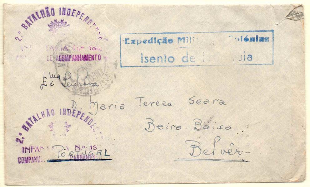 0508.jpg -     Lote:    508            2.ª Guerra Mundial       Descrição:         2.ª Guerra Mundial. Expedição Militar a Angola. Sobrescrito circulado de Nova Lisboa para Lisboa (21.12.46) isento de franquia. Carimbo de isenção batido a azul "EXPEDIÇÃO MILITAR ÀS COLÓNIAS / ISENTO DE FRANQUIA" + carimbo da unidade militar batido a violeta "2.º BATALHÃO INDEPENDENTE / INFANTARIA 18 / COMPANHIA DE ACOMPANHAMENTO". MB e R.        Carta       Valor Base:     &euro; 20,00     Valor Venda:     &euro; 20,00     
