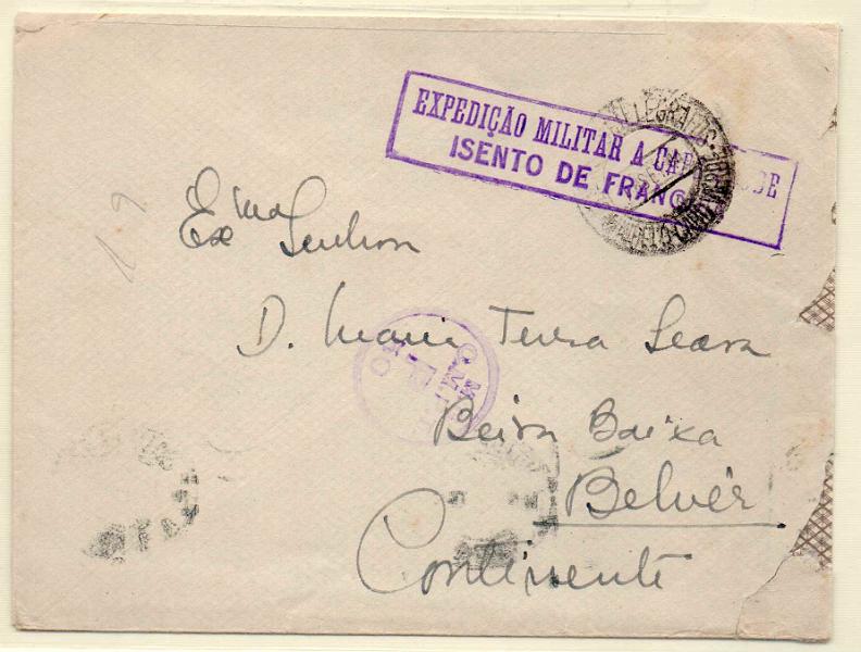 0510.jpg -     Lote:    510            2.ª Guerra Mundial       Descrição:         1939/45 - 2.ª Guerra Mundial. Expedição Militar a Cabo Verde. Sobrescrito circulado de S. Vicente para Lisboa (03.10.44), isento de franquia. Carimbo de isenção batido a violeta "EXPEDIÇÃO MILITAR A CABO VERDE / ISENTO DE FRANQUIA".        Carta       Valor Base:     &euro; 15,00     Valor Venda:     Retirado     