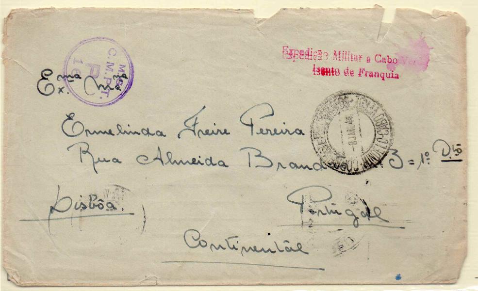 0511.jpg -     Lote:    511            2.ª Guerra Mundial       Descrição:         1939/45 &mdash; 2.ª Guerra Mundial. Expedição Militar a Cabo Verde. Sobrescrito circulado isento de franquia de S. Vicente (08.01.44) para Lisboa (03.02.44). Carimbo batido a violeta "EXPEDIÇÃO MILITAR A CABO VERDE / ISENTO DE FRANQUIA). B e R.        Carta       Valor Base:     &euro; 15,00     Valor Venda:     Retirado     