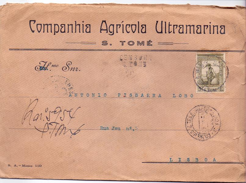 0514.jpg -     Lote:    514            2.ª Guerra Mundial       Descrição:         1939/45 &mdash; 2.ª Guerra Mundial. Censuras. S. Tomé e Príncipe. Sobrescrito circulado registado de S. Tomé (1944) para Lisboa, com selo de 5 E tipo Império Colonial Português CE313, com carimbo de censura não certificado " CENSURA / S. TOME".        Carta       Valor Base:     &euro; 150,00     Valor Venda:     Retirado     