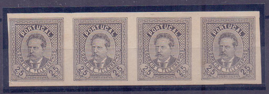 0521.jpg -     Lote:    521            Portugal       Descrição:         1870/76 &mdash; D. Luís I. Escola de Gravura. Desenho e gravura de Pedro Macedo Neves. Tipo II. Tira horizontal de 4 provas não denteadas de 25 reis a preto, OM P-84, em papel liso, sub-tipo "A" não referenciado neste papel.        PRV       Valor Base:     &euro; 50,00     Valor Venda:     Retirado     