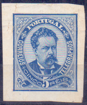 0523.jpg -     Lote:    523            Portugal       Descrição:         1882/83 &mdash; D. Luís I de frente. CE56, 5 reis. Prova de cor em azul, papel porcelana não denteado.        PRV       Valor Base:     &euro; 15,00     Valor Venda:     &euro; 20,00     