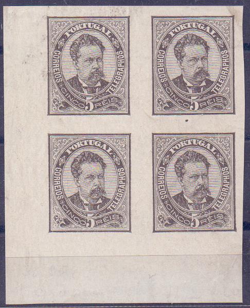 0524.jpg -     Lote:    524            Portugal       Descrição:         1882/83 &mdash; D. Luís I de frente. CE56, 5 reis. Quadra de provas de cor em preto, canto de folha, papel porcelana não denteado.        PRV       Valor Base:     &euro; 20,00     Valor Venda:     Retirado     
