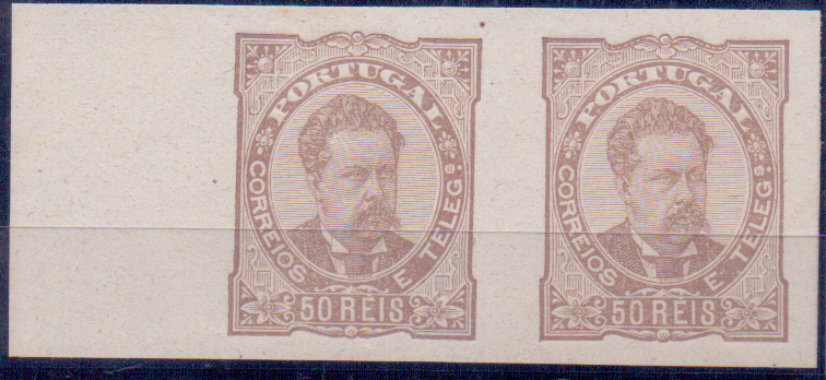 0530.jpg -     Lote:    530            Portugal       Descrição:         1882/83 &mdash; D. Luís I de frente. CE58, 50 reis. Par horizontal de provas não denteadas, em castanho, papel porcelana fino.        PRV       Valor Base:     &euro; 25,00     Valor Venda:     Retirado     
