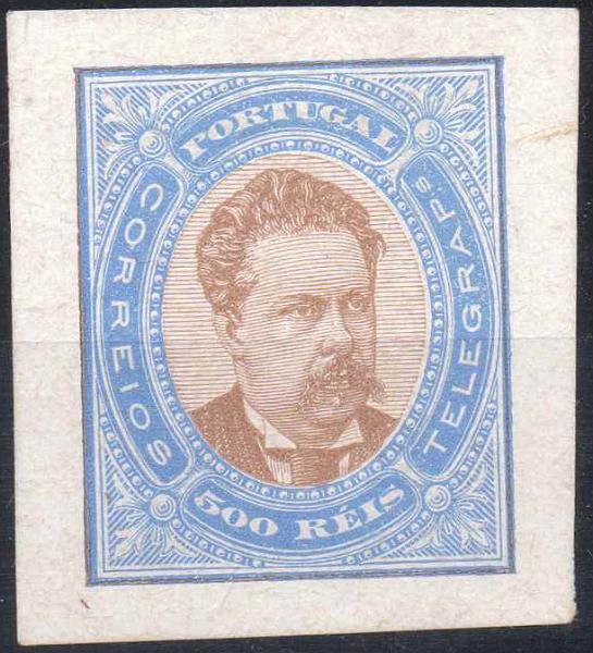 0531.jpg -     Lote:    531            Portugal       Descrição:         1882 &mdash; D. Luís I, de frente. Tipo IX. Tipo aprovado (taxa de 500 reis) em papel porcelana. Prova em ultramar e castanho. OM265.        PRV       Valor Base:     &euro; 20,00     Valor Venda:     Retirado     