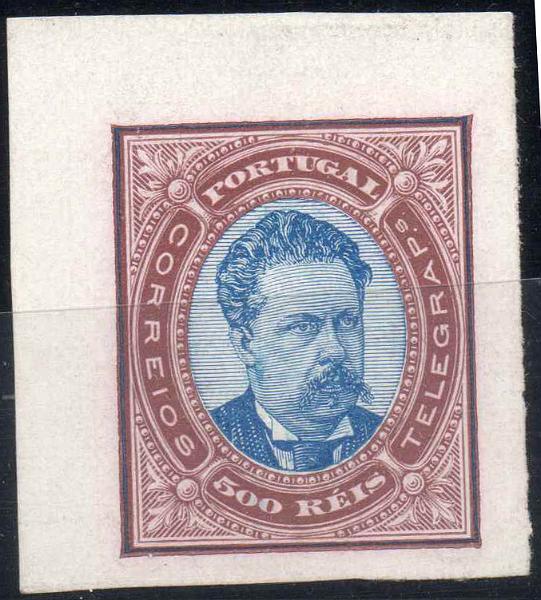 0533.jpg -     Lote:    533            Portugal       Descrição:         1882 &mdash; D. Luís I, de frente. Tipo IX. Tipo aprovado (taxa de 500 reis) em papel porcelana. Prova em azul e castanho. OM246.        PRV       Valor Base:     &euro; 20,00     Valor Venda:     Retirado     