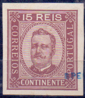0535.jpg -     Lote:    535            Portugal       Descrição:         1892/933 &mdash; D. Carlos I, tipo Diogo Neto. CE74, 15 reis. Prova não denteada em papel porcelana, com sobrecarga "SPECIMEN" deslocada, batida a azul.        PRV       Valor Base:     &euro; 10,00     Valor Venda:     &euro; 10,00     
