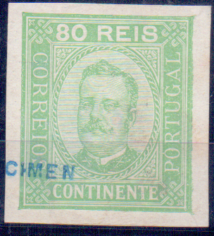 0536.jpg -     Lote:    536            Portugal       Descrição:         1892/933 &mdash; D. Carlos I, tipo Diogo Neto. CE76, 80 reis. Prova não denteada em papel porcelana, com sobrecarga "SPECIMEN" deslocada, batida a azul.        PRV       Valor Base:     &euro; 10,00     Valor Venda:     &euro; 10,00     
