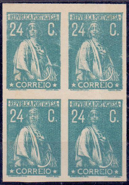 0541.jpg -     Lote:    541            Portugal       Descrição:         1920 &mdash; Ceres. CE241, 24 C. Quadra de provas não denteadas.        PRV       Valor Base:     &euro; 12,00     Valor Venda:     &euro; 26,00     