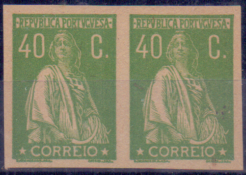 0544.jpg -     Lote:    544            Portugal       Descrição:         1926 &mdash; Ceres. CE385, 40C. Par horizontal de provas não denteadas, na cor verde.         PRV       Valor Base:     &euro; 8,00     Valor Venda:     &euro; 10,00     