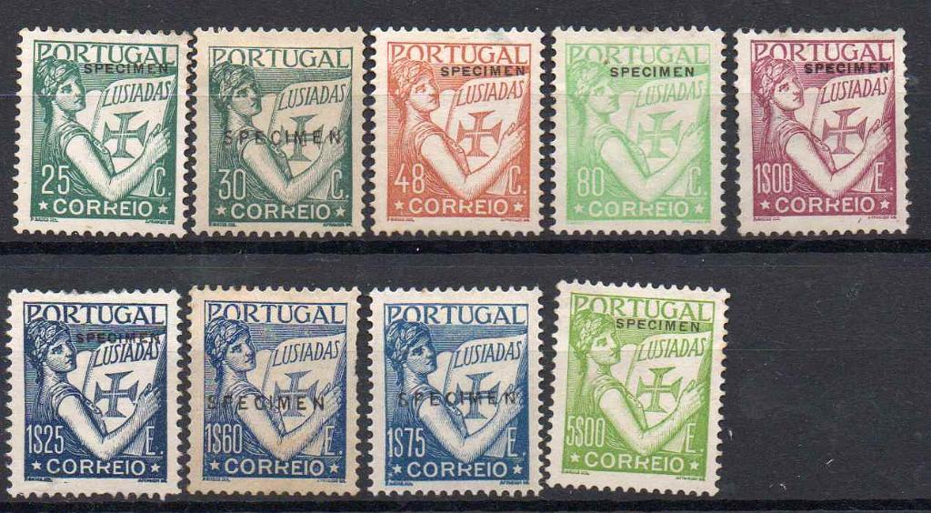 0548.jpg -     Lote:    548            Portugal       Descrição:         1931/38 &mdash; Lusíadas. Lote de 9 selos CE519, 521, 524, 525, 527, 530, 544, 546 e 547. Todos com a sobrecarga "SPECIMEN" horizontal a preto.        PRV       Valor Base:     &euro; 30,00     Valor Venda:     Retirado     