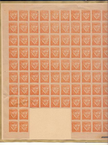 0551.jpg -     Lote:    551            Portugal       Descrição:         1931 &mdash; Lusíadas. 10c. Folha incompleta de 100 provas não denteadas (foi-lhe retirado um bloco de 8), em laranja, papel liso fino camurça claro (não aprovado). Cor não aprovada para esta taxa.         PRV       Valor Base:     &euro; 50,00     Valor Venda:     Retirado     