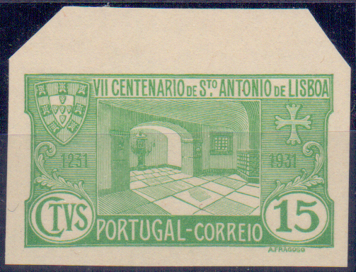 0553.jpg -     Lote:    553            Portugal       Descrição:         1931 &mdash; 7.º Centenário da morte de S. António. CE531, 15C. Prova de cor em verde, papel liso, não denteada.        PRV       Valor Base:     &euro; 6,00     Valor Venda:     &euro; 18,00     