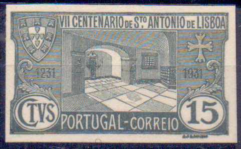 0554.jpg -     Lote:    554            Portugal       Descrição:         1931 &mdash; 7.º Centenário da morte de S. António. CE531, 15C. Prova de cor em preto-cinzento, papel liso, não denteada.        PRV       Valor Base:     &euro; 8,00     Valor Venda:     &euro; 8,00     