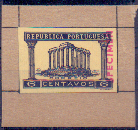 0563.jpg -     Lote:    563            Portugal       Descrição:         1935/36 &mdash; Templo de Diana. CE567, 6C. Prova de cor em preto sobre papel amarelo, não denteada, com sobrecarga "SPECIMEN", colada em cartão.        PRV       Valor Base:     &euro; 8,00     Valor Venda:     &euro; 16,00     