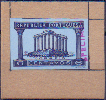 0564.jpg -     Lote:    564            Portugal       Descrição:         1935/36 &mdash; Templo de Diana. CE567, 6C. Prova de cor em preto sobre papel azul, não denteada, com sobrecarga "SPECIMEN", colada em cartão.        PRV       Valor Base:     &euro; 8,00     Valor Venda:     &euro; 14,00     