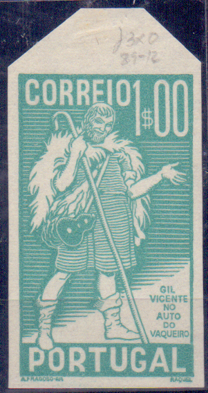 0568.jpg -     Lote:    568            Portugal       Descrição:         1937 &mdash; 4.º Centenário da Morte de Gil Vicente. CE 578, 1$00. Prova de cor em verde-cinzento, não denteada.         PRV       Valor Base:     &euro; 6,00     Valor Venda:     &euro; 12,00     