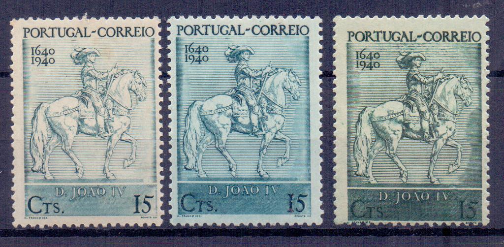 0570.jpg -     Lote:    570            Portugal       Descrição:         1940 &mdash; Centenário da Fundação e Restauração de Portugal. CE593, 15c. Lote com duas provas de cor com tonalidades verde, denteadas. Acompanha selo original para comparação.        PRV       Valor Base:     &euro; 30,00     Valor Venda:     Retirado     