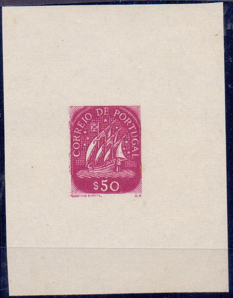 0571.jpg -     Lote:    571            Portugal       Descrição:         1943 &mdash; Caravela. CE623, $50. Prova de luxo com largas margens, em violeta-vermelho, medindo 50x65mm, não denteada.        PRV       Valor Base:     &euro; 10,00     Valor Venda:     Retirado     
