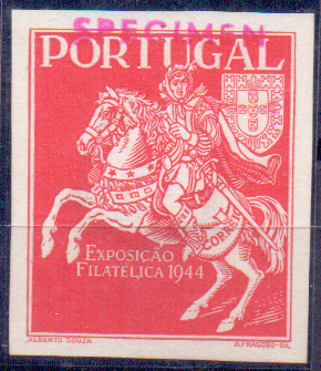 0573.jpg -     Lote:    573            Portugal       Descrição:         1944 &mdash; 3.ª Exposição Filatélica Portuguesa. Prova de cor em laranja sobre papel porcelana branco, sem abertura do valor no cunho, não denteada. Sobrecarga SPECIMEN a vermelho.        PRV       Valor Base:     &euro; 10,00     Valor Venda:     &euro; 18,00     