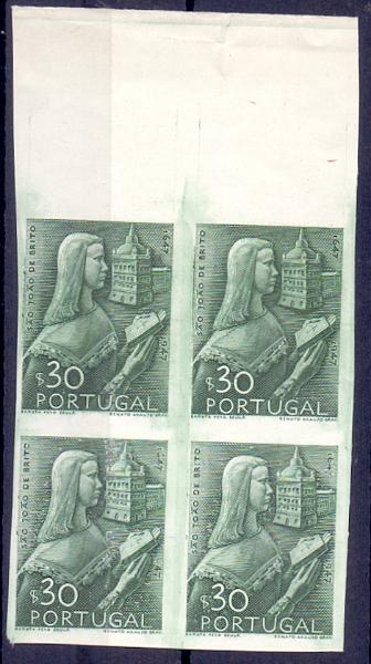 0578.jpg -     Lote:    578            Portugal       Descrição:         1948 &mdash; 3.º Centenário do Nascimento de S. João de Deus. CE691, $30. Quadra de provas de artista, bordo de folha, em verde, não denteadas, em papel porcelana, impressa a talhe doce.         PRV       Valor Base:     &euro; 20,00     Valor Venda:     &euro; 20,00     