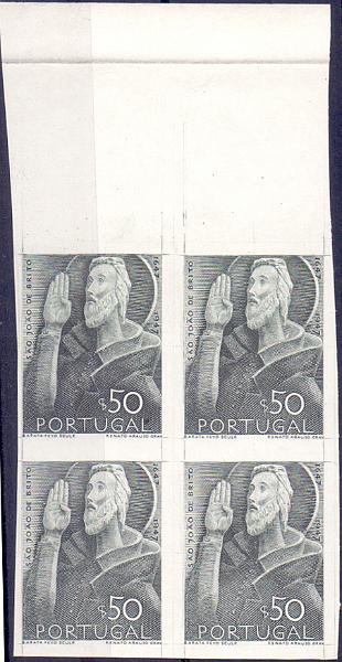 0580.jpg -     Lote:    580            Portugal       Descrição:         1948 &mdash; 3.º Centenário do Nascimento de S. João de Deus. CE692, $50. Quadra de provas de artista, bordo de folha, em cinzento, não denteadas, em papel porcelana, impressa a talhe doce.         PRV       Valor Base:     &euro; 20,00     Valor Venda:     &euro; 20,00     